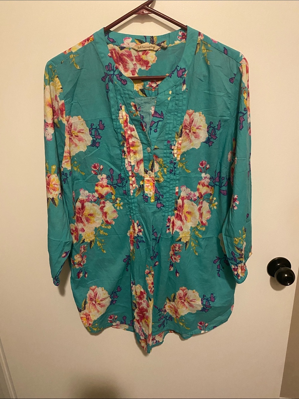 Soft Surroundings Teal Floral Pintuck Tunic